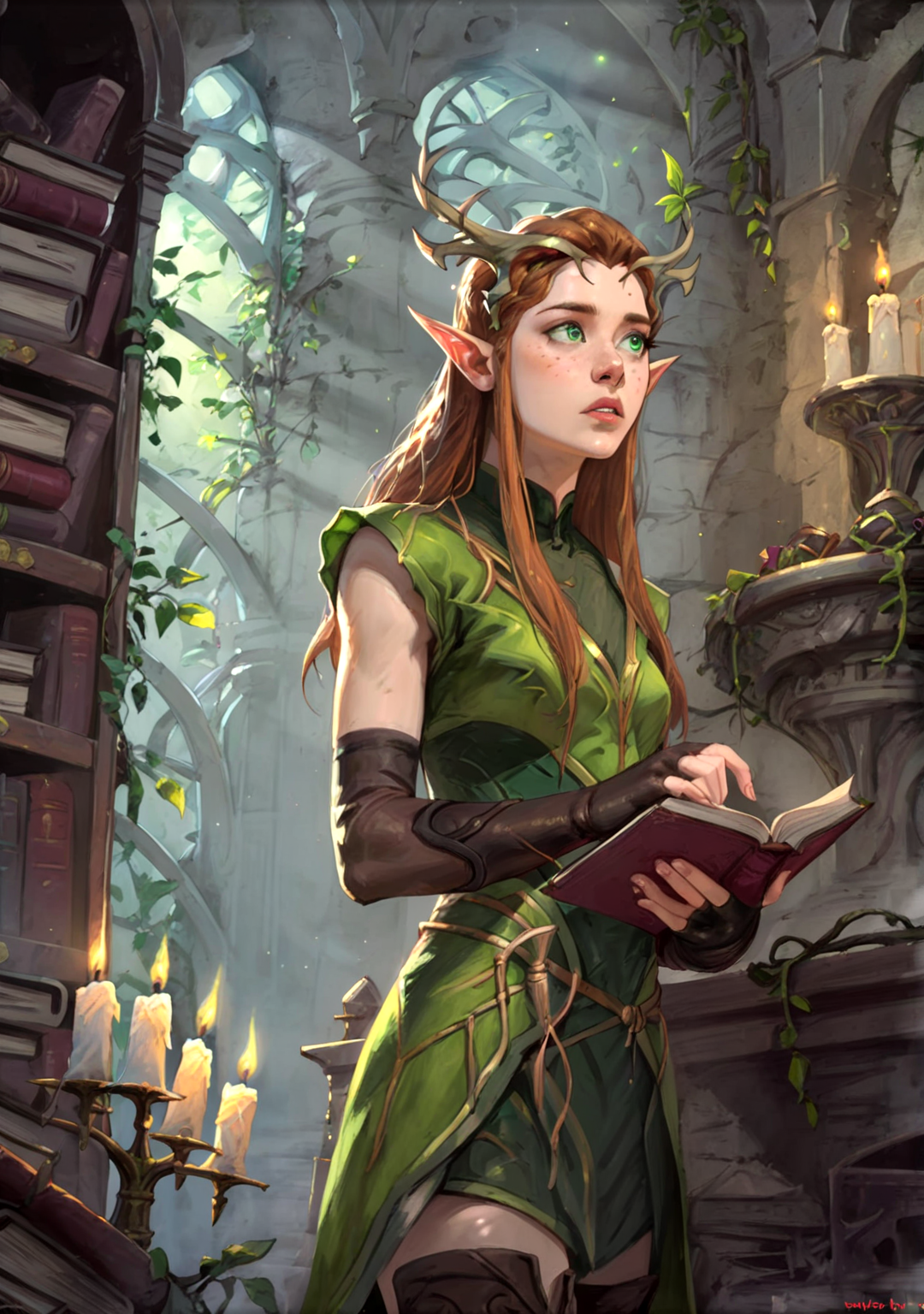 score_9,score_8_up, score_8, 
library, vines, candles, ruins, bookshelves, sunlight, light particles, 
1girl, solo, cowboy shot, portrait, keyleth, elf, druid, long hair, brown hair, green eyes, pointy ears, elf, antlers, freckles, thighhighs, gloves, boots, fingerless gloves, thigh boots, brown footwear, green dress, parted lips, looking away,
 <lora:Expressive_H:0.5>  <lora:Dungeons_and_Dragons_Art_Style:1> <lora:keyleth-ponyxl-lora-nochekaiser:1>