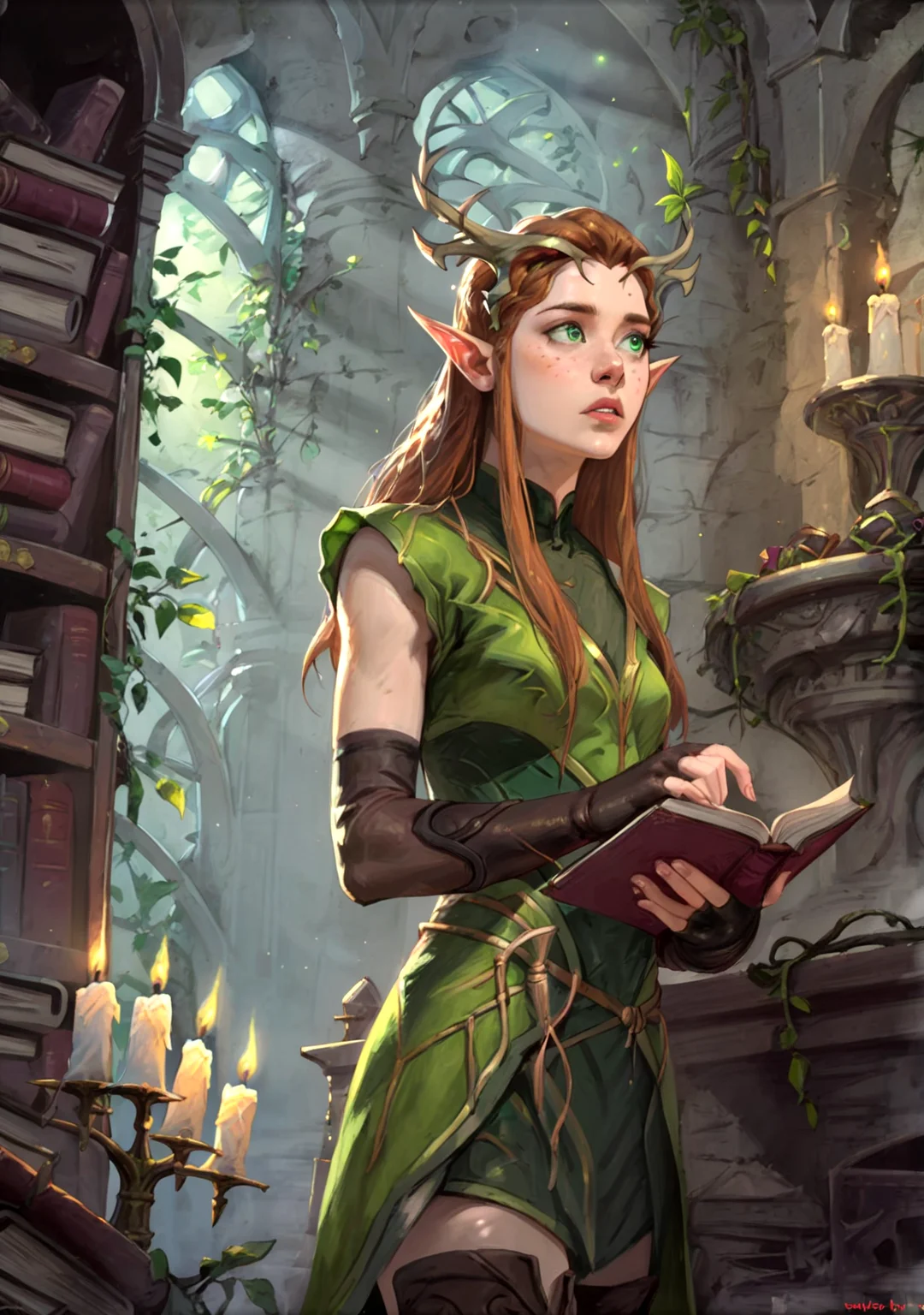 score_9,score_8_up, score_8,
library, vines, candles, ruins, bookshelves, sunlight, light particles,
1girl, solo, cowboy shot, portrait, keyleth, elf, druid, long hair, brown hair, green eyes, pointy ears, elf, antlers, freckles, thighhighs, gloves, boots, fingerless gloves, thigh boots, brown footwear, green dress, parted lips, looking away,
<lora:Expressive_H:0.5> <lora:Dungeons_and_Dragons_Art_Style:1> <lora:keyleth-ponyxl-lora-nochekaiser:1>