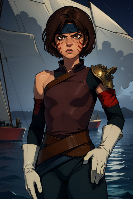 Smellerbee,short brown hair, red facial mark, brown eyes, eyeliner, mean look, closed mouth,  toned,  cowboy shot,   looking at viewer, 
SmelAtt,dark blue headband,(white gloves),leather chest plate, single shoulder pad, red armband, pants, ,blue pelvic sash  
nighttime, near sea,
(insanely detailed, beautiful detailed face, masterpiece, best quality)  <lora:Smellerbee-10 v3:0.8>,