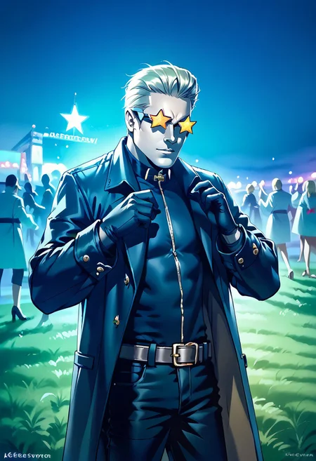 masterpiece,best quality,score_9, score_8_up, score_7_up, BREAK, <lora:albertwesker-guy-PONYv1:1>, 1boy, solo, albertwesker,(black gloves, star shaped sunglasses, belt, pants, long coat, trench coat, black coat, black pants),(upper body),(outdoors,festival scene,night,people,people dancing)