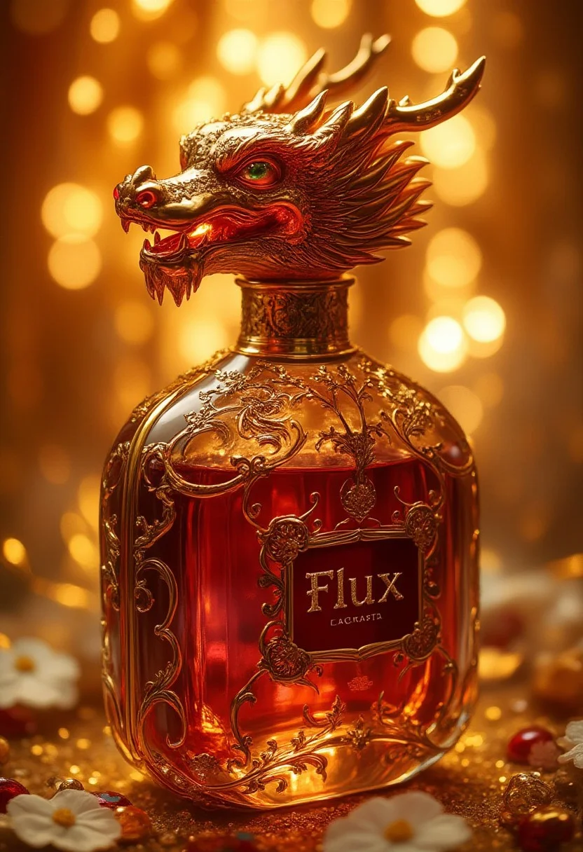 Dragon head perfume bottle, burgundy gold, transparent, openwork, golden shimmer, text in bootle:"Flux", background shimmering curtain of lights, high detail, filigree, aesthetic
