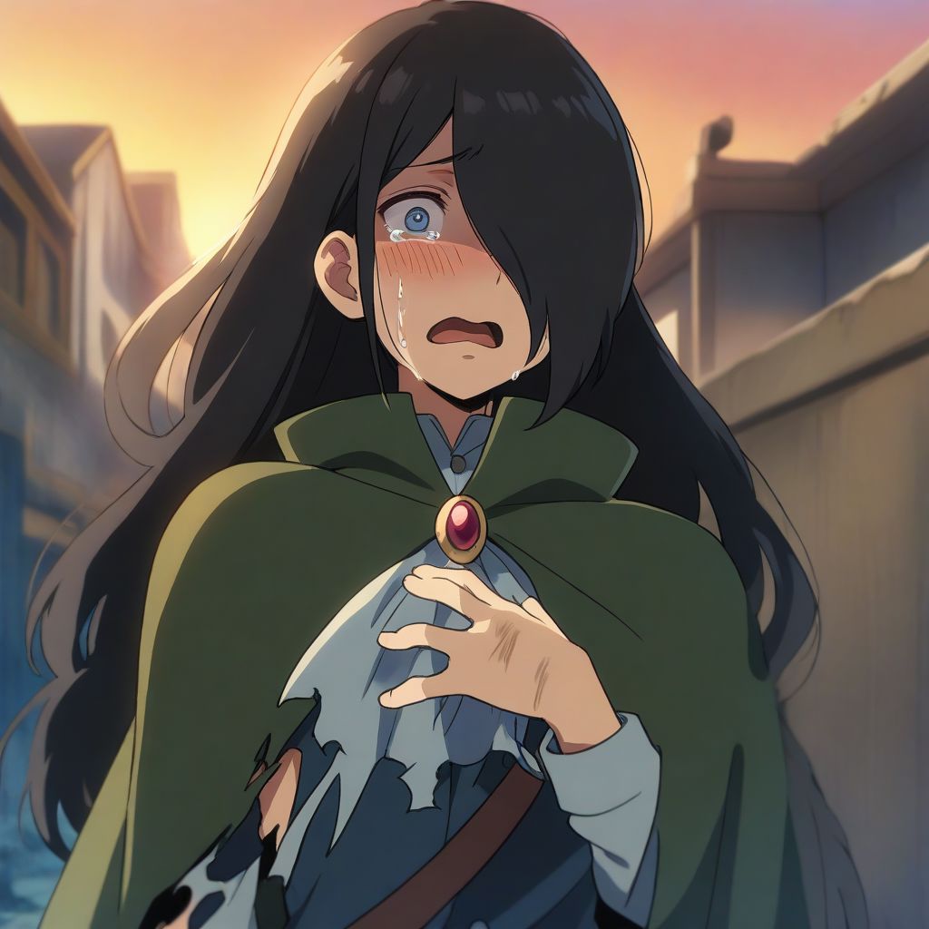 masterpiece, best quality, aesthetic, high quality, solo, 1boy, male focus, long hair, black hair,  blue eyes, hair over one eye, brooch, white ascot, green cape, wide-eyed, blush, open mouth, torn clothing, looking at viewer, outdoors, sunset, shaded face, shadow, tears, disheveled hair, hand on own chest, dirty face