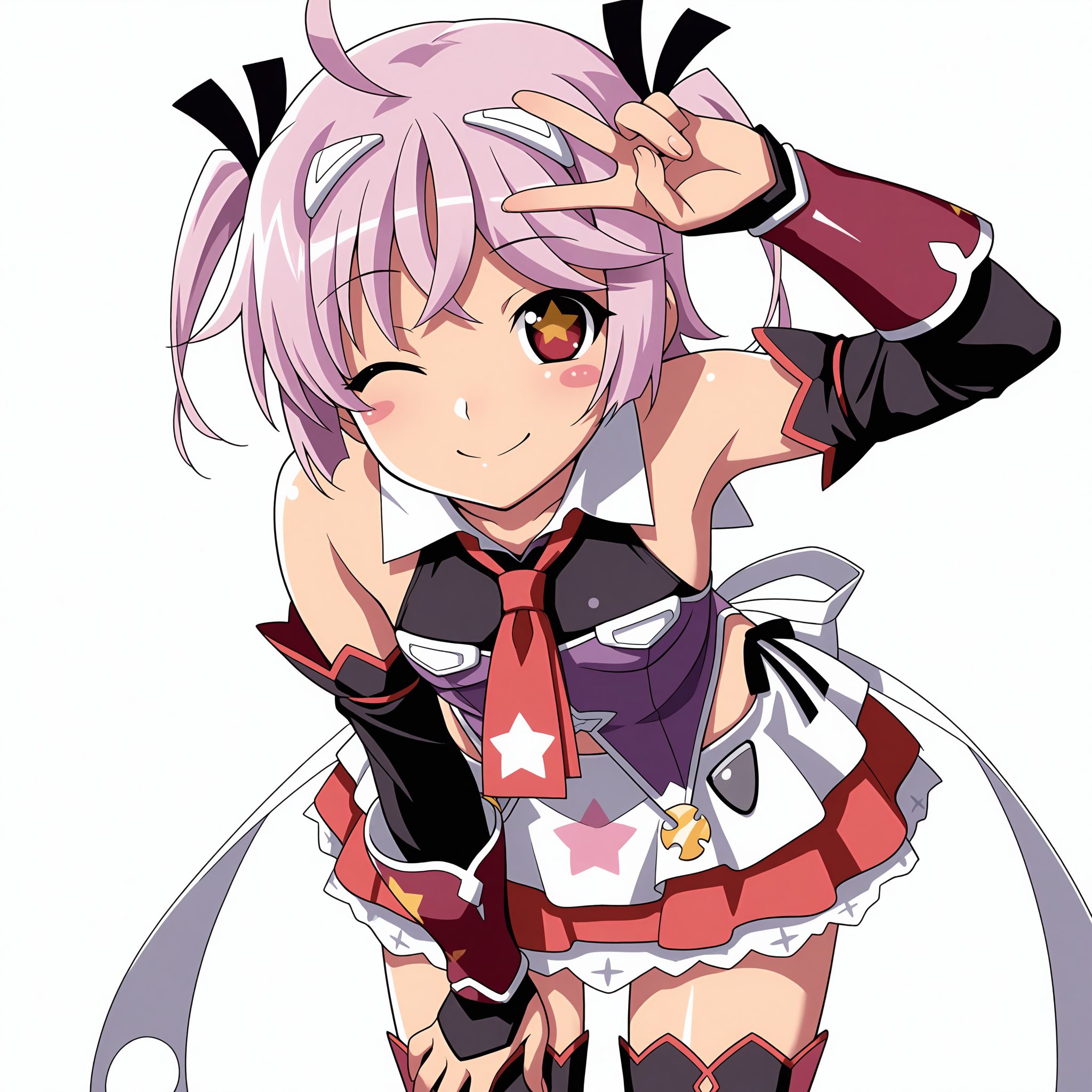 <lora:Cute_(spiral_chaos)_1_nai:1>,Cute \(spiral chaos\),star-shaped pupils,ahoge,short twintails,white headband,hair ribbon,black ribbon,official outfit,black thighhighs,red skirt,red necktie,frilled skirt,detached sleeves,purple leotard,black sleeves,white skirt,layered skirt,print armor,scale armor,waist ribbon,white ribbon,white collar,
1girl,solo,white background,hand on own thigh,leaning forward,v,arm up,front view,looking at viewer,one eye closed,smile,simple background,