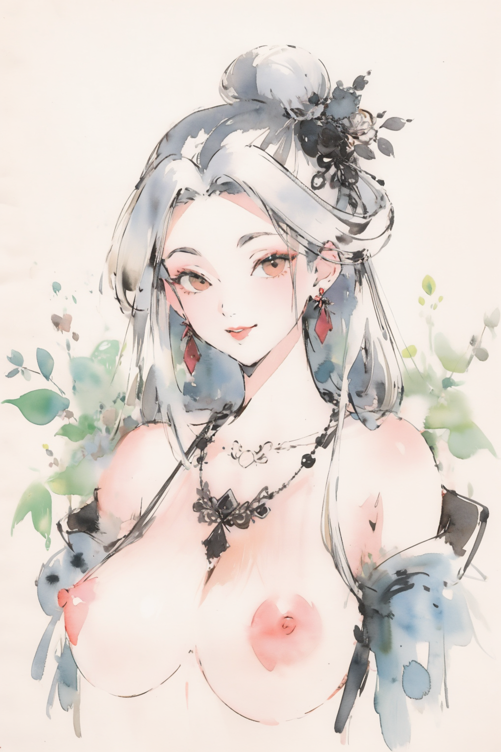 <lora:XiaobaiV2-SD15optimize:0.8>,
masterpiece,highest quality,exquisite details,amazing art,realistic details,pretty face,real skin,8K,RAW,movie lighting,soft light,shallow depth of field,bokeh,dreamy,
xiaobai,1girl,jewelry,solo,white hair,earrings,looking at viewer,long hair,hair ornament,upper body,necklace,parted lips,smile,
Paper texture,Ink splash,
traditional_media,pastel_color,(topless:1.2),areola,nipples,
<lora:give it a name:0.8>,<lora:Freehand_Brushwork:0.7>,huge breasts,<lora:æ°ä¸­å¼å·¥ç¬æ°´å¢¨newchinese-1122-1:0.7>,watercolor background,splash ink,xuan paper,inkblot,