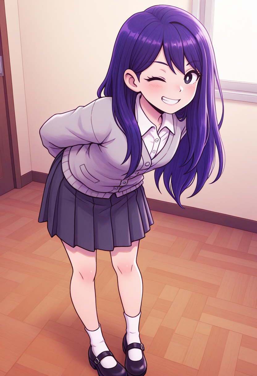 newest, masterpiece, best quality, 4k,
indoors, very aesthetic, detailed background, full body
1girl,solo,  <lora:Mari - Omori:1>  mar1, long hair, purple hair, black eyes, white pupils,white collared shirt, grey cardigan, long sleeves, pleated skirt,white socks, mary janes, one eye closed, smile, clenched teeth, hands behind back, leaning forward