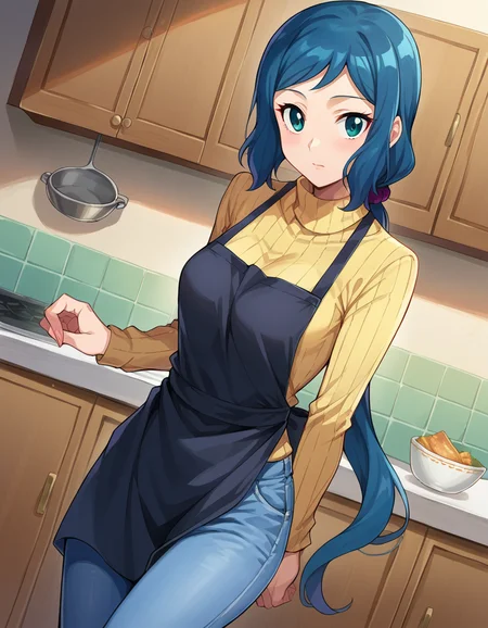 score_9, score_8_up, score_7_up, source_anime,
ioririnko, <lora:iori-rinko-ponyxl-lora-nochekaiser:1>,
iori rinko, blue hair, blue eyes, sidelocks,
apron, denim, jeans, long hair, pants, ponytail, ribbed sweater, sweater, turtleneck, very long hair,
indoors, kitchen,
looking at viewer, dutch angle, cowboy shot,