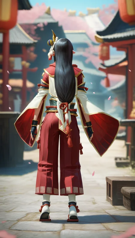 score_9,score_8_up,score_7_up,
<lora:hinoa:0.9>,
mhhinoa,
photorealistic,
1girl,solo,black hair,long hair,blunt bangs,hair ornament,
yellow eyes,looking at viewer,smile,
pointy ears,red and white short cape,shoulder necklace,white japanese robe top,deep red undershirt,green waist armor,detached sleeves,red cut out pants,deep red pants underneath,black fingerless gloves,white tabi sock,black footwear,
full body,standing,back view, 
blurry background,outdoors,falling petals,ground,