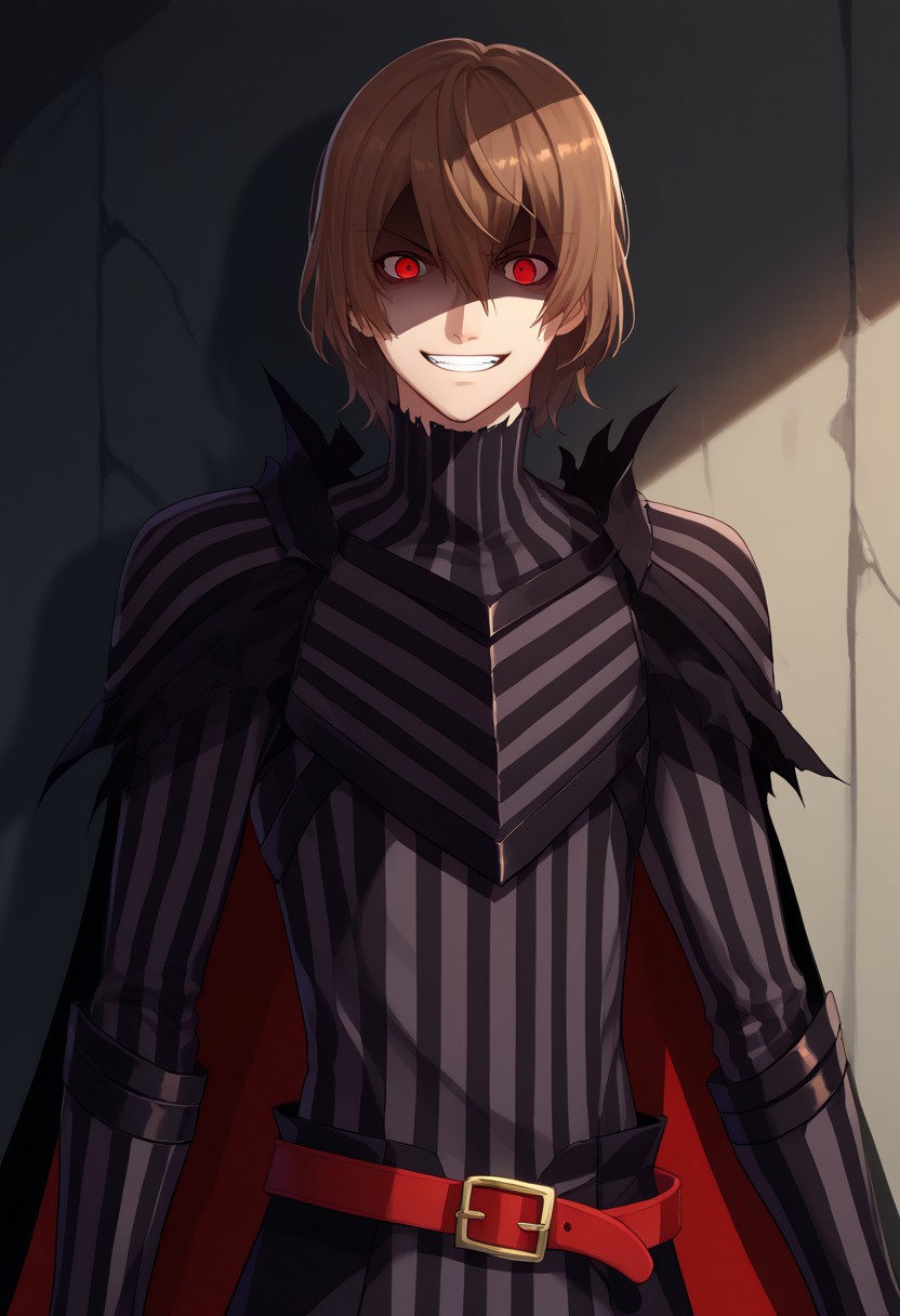 score_9, score_7_up, source_anime 
goro, 1boy, male focus, solo, red eyes, brown hair, hair between eyes, armor, striped, striped armor, black armor, gloves, black gloves, belt, cape, black cape, torn clothes, evil grin, shaded face,
indoor, shadows, darkness, dark,