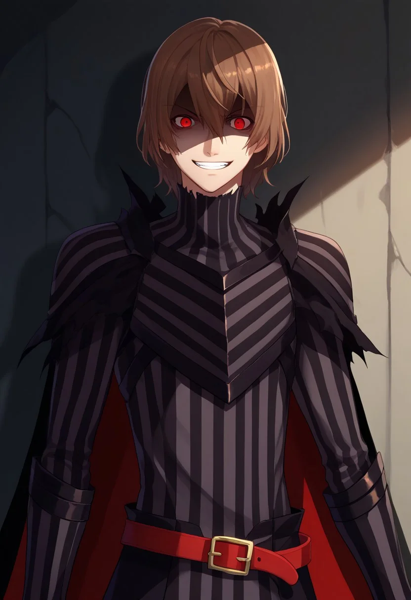 score_9, score_7_up, source_anime
goro, 1boy, male focus, solo, red eyes, brown hair, hair between eyes, armor, striped, striped armor, black armor, gloves, black gloves, belt, cape, black cape, torn clothes, evil grin, shaded face,
indoor, shadows, darkness, dark,