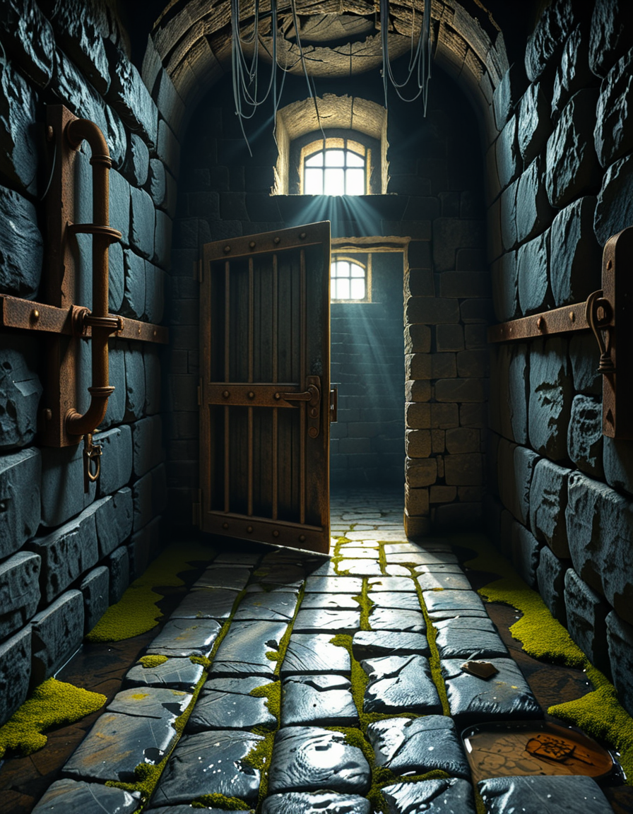 A highly detailed, hyper-realistic photograph of a dark medieval dungeon prison cell. The scene is dimly lit by a single flickering torch mounted on a damp stone wall, casting eerie shadows across the rough, moss-covered stones. Heavy, rusted iron bars form the cell door, slightly ajar, with visible corrosion and ancient padlocks. Inside the cell, there is a straw-covered floor, old wooden buckets, and a crude, splintered wooden bench against the back wall. Chains and manacles hang loosely from the walls, showing signs of long-term use. The atmosphere is cold, humid, and oppressive, with faint light rays piercing through tiny cracks in the stone ceiling. Cobwebs stretch across the corners of the cell, and faint water drips from above, creating small puddles. The overall mood is grim, desolate, and foreboding. Photorealistic style, with high dynamic range (HDR) lighting and extreme attention to textures like rust, moisture, and decay.
<lora:SDXLFaeTastic2400:0.4> <lora:extremely_detailed:0.4> extremely detailed,<lora:medieval_dungeon_pr1s0n_c3ll:1>,medieval dungeon pr1s0n c3ll, Masterpiece,best quality,hi res,8k,hi res,8k,award winning,(sharp focus, intricate, highly detailed),