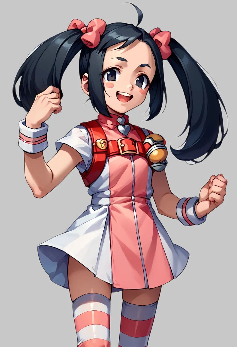 score_9, score_8_up, score_7_up, source_anime, rating_safe, BREAK 1girl, solo, justice_momo, cowboy shot, short dress, wrist cuffs, striped thighhighs, black hair, twintails, ahoge, hair bow, black eyes, blush stickers, looking at you, smile, open mouth, simple background <lora:justice_momo:1>