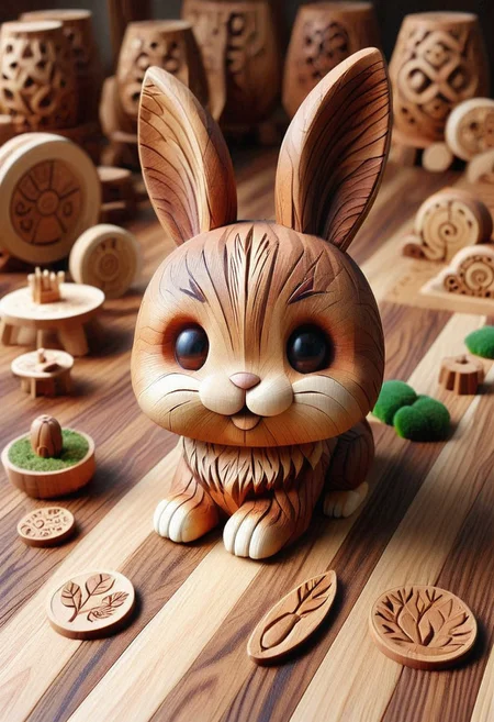 A cute chibi rabbit, hardwood Wonderland, Transform the universe into a beautifully carved realm of wood, funny theme