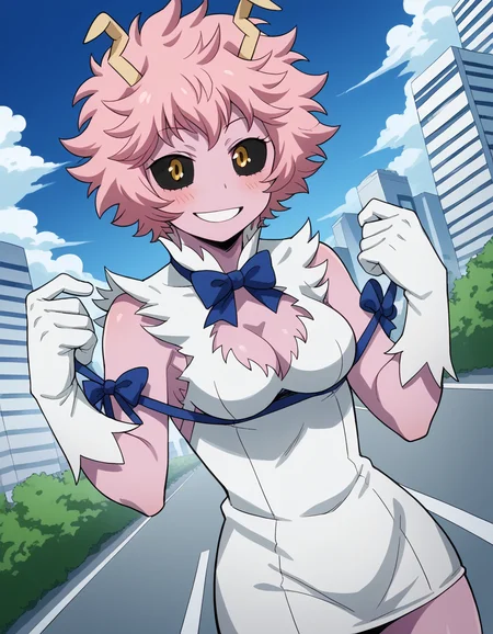 score_9, score_8_up, score_7_up, source_anime, <lora:mina-ashido-anime-ponyxl-lora-nochekaiser:1>, mina ashido, short hair, medium breasts, yellow eyes, pink hair, horns, colored skin, colored sclera, black sclera, pink skin,, <lora:hestia-cosplay-ponyxl-lora-nochekaiser:1>, hestiacosplay, hestia (danmachi) (cosplay), blue bow, blue bowtie, bow, bowtie, cleavage, cleavage cutout, clothing cutout, dress, gloves, pencil dress, rei no himo, short dress, white dress, white gloves, blue ribbon, arm ribbon,, outdoors, cityscape, street, smile, blush, , cowboy shot, dutch angle