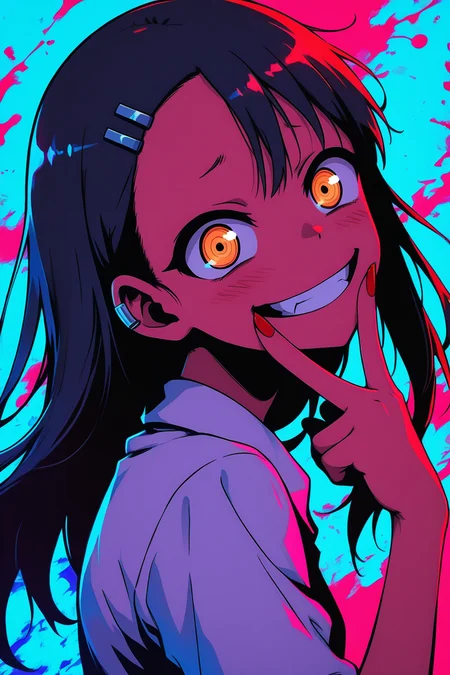 masterpiece, best quality, amazing quality, very aesthetic, absurdres, newest, portrait, colorful, high contrast, glowing, vibrant colors, red, pink, blue, color splash, neon, backlight, looking at viewer, red nails, long pointed nails, fingersmile, from side, wind effect, floating hair, head tilt, <lora:g0thicILL:0.7> g0thic, neon, <lora:NagatoroIXL_v2:0.5> zzNagatoro, white shirt, hairclip, earclip, <lora:NLSTN-IL:0.8> nlstn