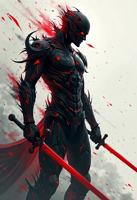 high quality, highly detailed, colorful, abstract, fantasy, fantasy background, The image is a digital illustration of a futuristic warrior in a battle scene. The warrior is in the center of the image, facing towards the right side of the frame. He is wearing a black suit with red accents, and his body is covered in intricate patterns and designs. The suit appears to be made up of multiple layers of black and red lines and shapes, creating a chaotic and dynamic composition.  The warrior is holding a red sword in his right hand, with his left arm extended forward and his right arm bent at the elbow. The sword is pointed towards the left side of his body. The background is filled with a mix of abstract shapes and lines, with a hint of white and gray. The overall mood of the illustration is intense and intense, conveying a sense of power and strength., camera angle is eye-level shot, backlight<lora:FLUX\Enhancer\Dever_Flux_Enhancer.safetensors:0.8:0.8> <lora:FLUX\Style\ARob-FLUX-3-CivitAI.safetensors:0.8:0.8>