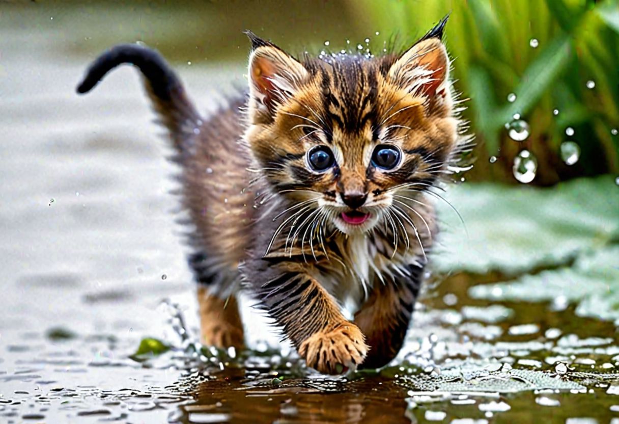 tiny kitten realistic, wet nose, bristling fur, pose in stalking to catch a small mouse