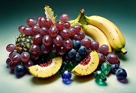 precious gemstone fruit, photorealistic still life, ruby grapes, emerald pears, sapphire bananas, amethyst berries, citrine pineapple, opal melon, hyperrealistic details, intricate textures, opulent, luxurious
