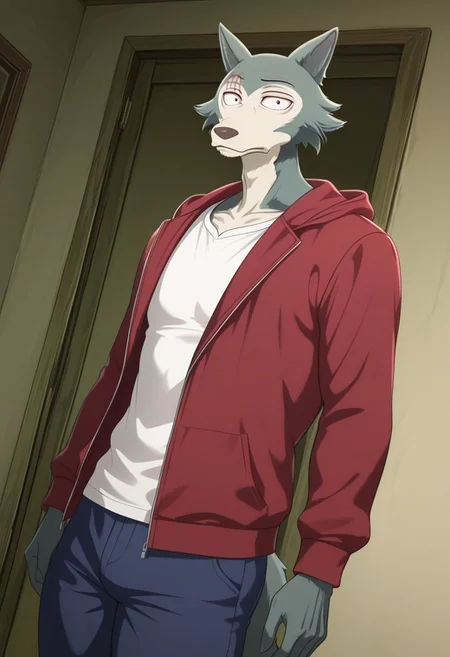 Masterpiece, best quality, high quality, detailed, male, solo male, 1boy, Legoshi, anthro, wolf, beastars, scar on right brow, mature male, animal ears, grayish blue fur, brown eyes, athletic build, wide hips, thick thighs, indoors, looking at viewer, standing, red jacket, white shirt, navy blue pants, half body, dutch angle, cowboy shot, volumetric lighting