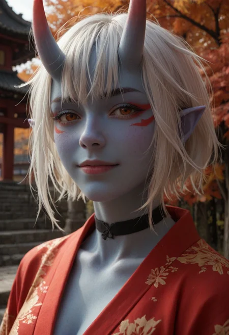 score_9, score_8_up, score_7_up, score_6_up,
1girl, 25 years old, perfect face, (adult), sexy,
red eyes, close view,
white hair, short hair, messy hair, crossed bangs, hair between eye, pointy ears, black choker,
(blue skin:1.3), (oni:1.3), (blue oni), facial tattoo,
kimono, tattoos, Japanese architecture, temple, autumn,
blush, shy smile,
portrait, face focus, detailed face,