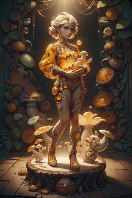 breathtaking 1girl, full shot, full body, <lora:ral-mushroomz:1> mushroomz <lora:citrine-style-darquelilly-v1:1> citrinegemstyle, masterpiece, award-winning, professional, highly detailed, low key lighting, chiaroscuro lighting
