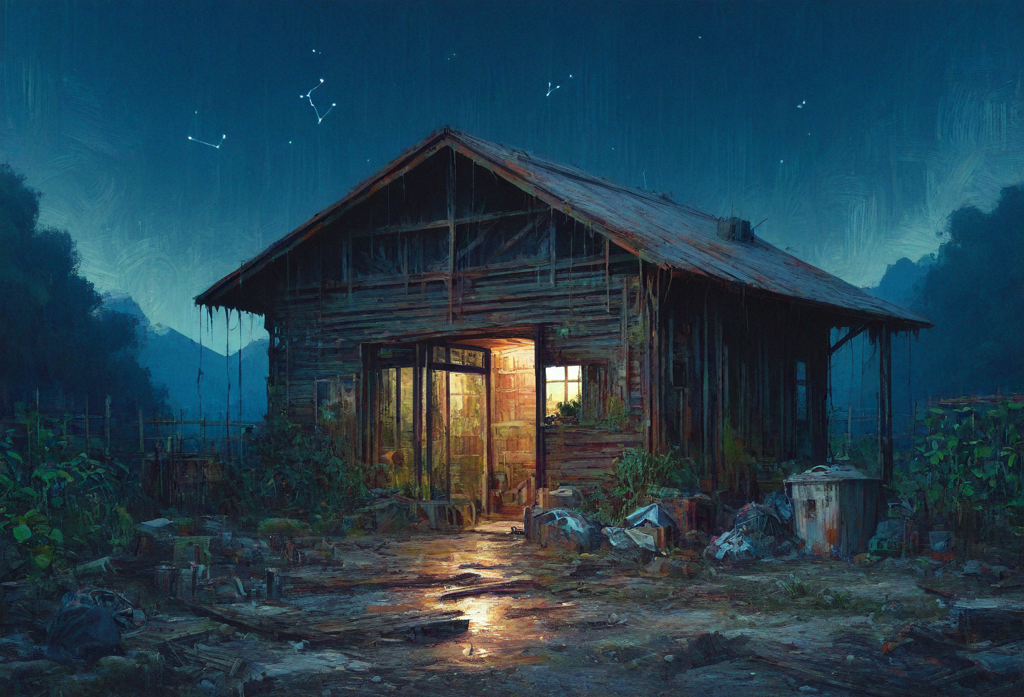 no humans, outside, shack, rural, rust, moss, trash, watermelon plants, greenhouse, night, constellation, 35mm, very awa, masterpiece, <lora:Digital_Impressionist_SDXL:1>