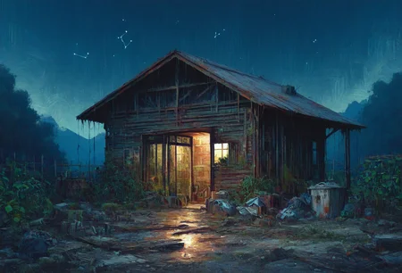 no humans, outside, shack, rural, rust, moss, trash, watermelon plants, greenhouse, night, constellation, 35mm, very awa, masterpiece, <lora:Digital_Impressionist_SDXL:1>