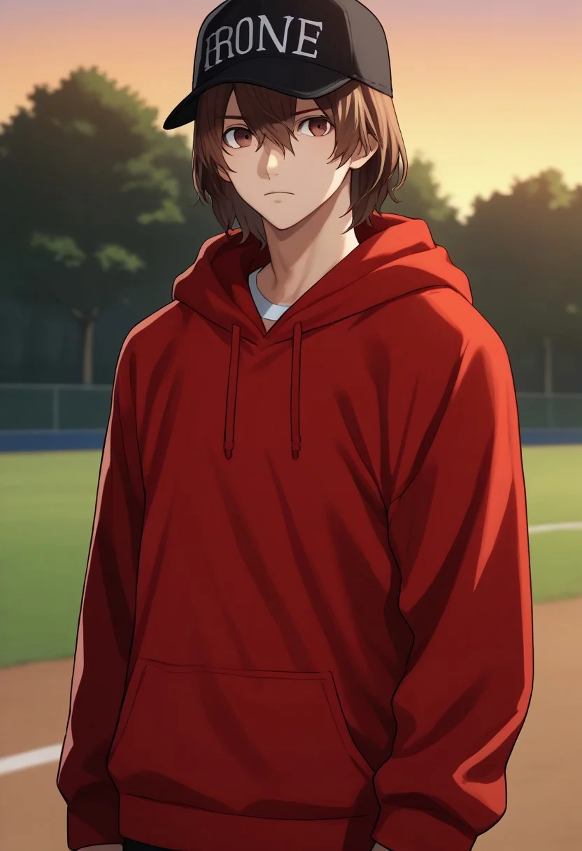 score_9, score_7_up, source_anime
goro, 1boy, male focus, solo, brown eyes, brown hair, hair between eyes, hat, baseball cap, black headwear, hoodie, red hoodie, hood, hood up,
outdoor,
