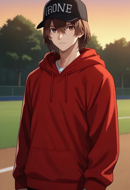 score_9, score_7_up, source_anime
goro, 1boy, male focus, solo, brown eyes, brown hair, hair between eyes, hat, baseball cap, black headwear, hoodie, red hoodie, hood, hood up,
outdoor,