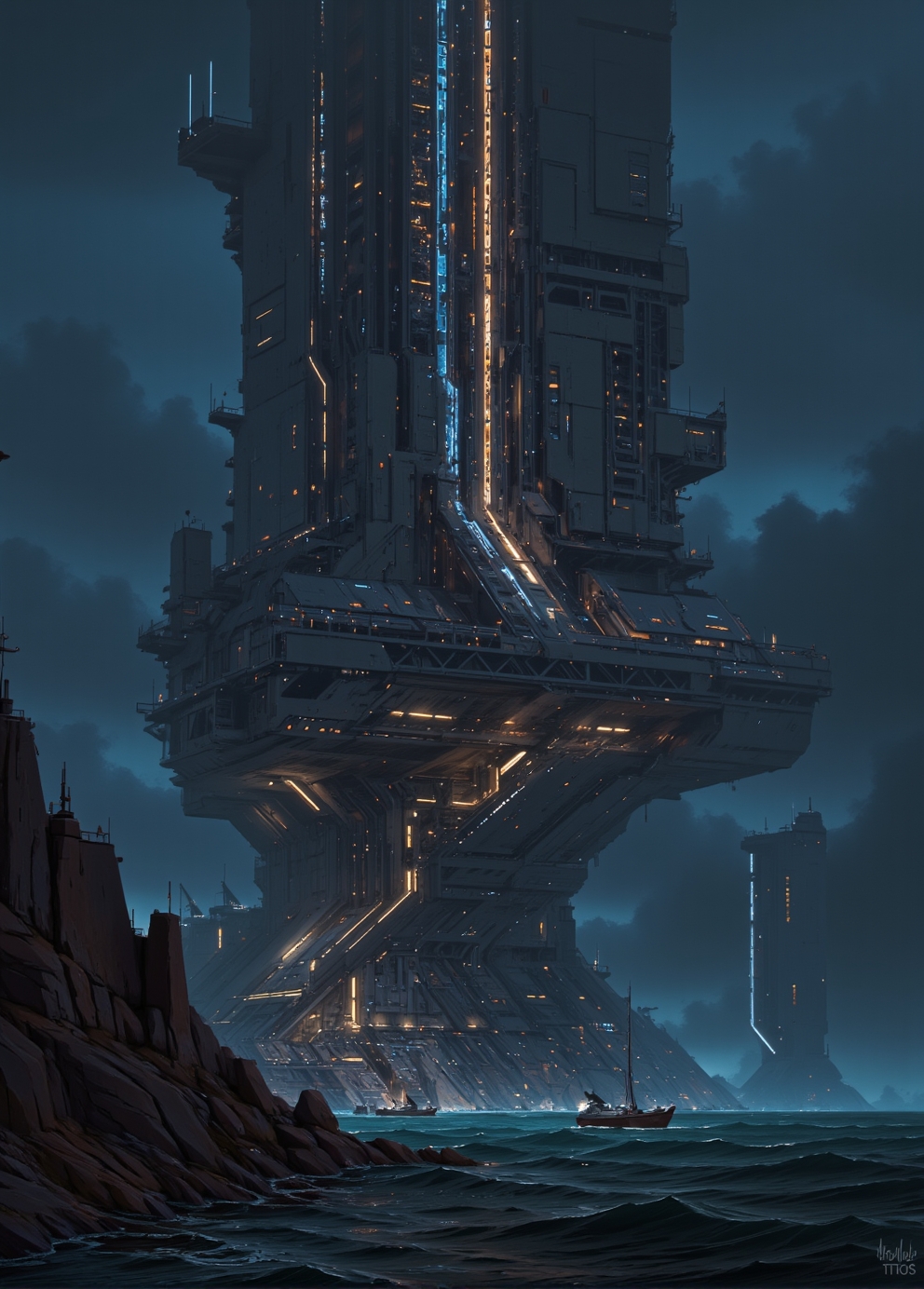 <lora:ck-Sci-Fi-Concepts:0.7>, in the style of ck-sfc, Visualize Artemis Station as an bandit outpost watch tower, see from the stormy sea. Intricate, glowing lines of orange and blue lights, hinting at the advanced technology within.  The lighting is vibrant and eerie, with occasional beams piercing through from docking bays, casting long, dramatic shadows. The camera is set at ground level, looking up at the overwhelming scale of the station, emphasizing its imposing and mysterious nature. no humans.
<lora:flux.1_lora_flyway_Epic-detail_v2:0.6>
 <lora:CPA:0.5>
 <lora:BLUE_mk4_angel_FLUX_01:0.30>