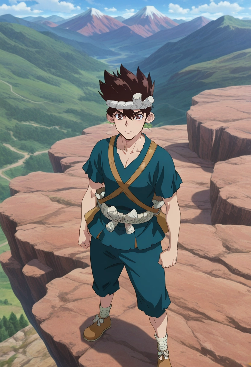 masterpiece, best quality, , anime screencap, anime coloring, official style, , 1boy, solo, male focus, <lora:chrome_dr_stone_ilxl:0.94>, chrome_dr_stone, brown hair, brown eyes, short hair, spiked hair, headband, hachimaki, mountain overlook, panoramic view, standing on cliff edge, wind tousling hair, adventurous expression, crisp light,