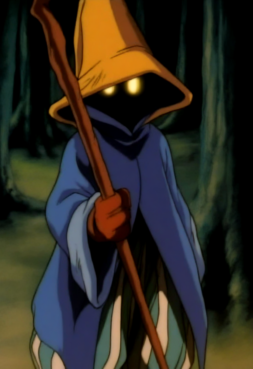 masterpiece, best quality, solo, looking at viewer, 1boy, <lora:Darkstalkers-Ova-illus_Fp:1>, 1990s \(style\), retro artstyle, <lora:Ziggy-illus_Fp:1>, ziggy, yellow eyes, shaded face, faceless, no mouth, wizard hat, striped pants, cloak, robe, gloves, puffy pants, holding staff, forest,