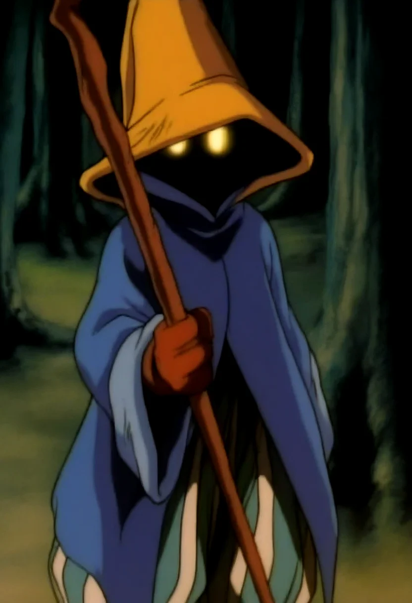 masterpiece, best quality, solo, looking at viewer, 1boy, <lora:Darkstalkers-Ova-illus_Fp:1>, 1990s \(style\), retro artstyle, <lora:Ziggy-illus_Fp:1>, ziggy, yellow eyes, shaded face, faceless, no mouth, wizard hat, striped pants, cloak, robe, gloves, puffy pants, holding staff, forest,