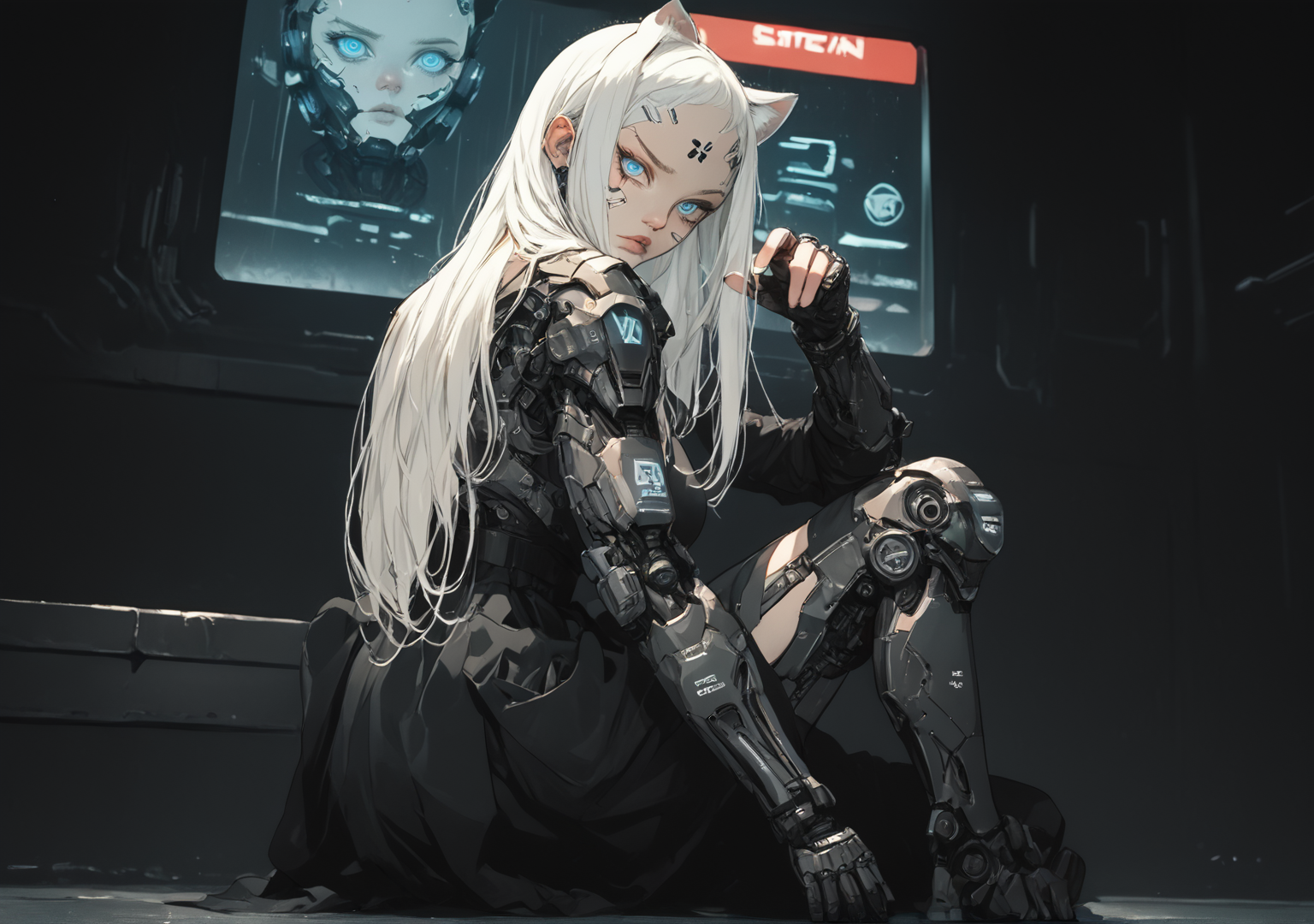 (score_9, score_8_up), score_7_up, zPDXL, 1girl, white hair, long hair, blue eyes,  looking at viewer,  cyberpunk background, film grain, cowboy shot, sinozick style, pretty face, pretty eyes, neat eyes, full body, large breasts, background city,  perfect eyes, catgirl, neon, futuristic, bar, sitting, rain, robotic body, nude, naked, random pose, Marvellous eyes, no tail, neon background <lora:BioPunky:1> <lora:dark_techwear:1> <lora:_sdxl-sf-yor_briar:1> <lora:Sinozick_Style_XL_Pony:1>, rear view