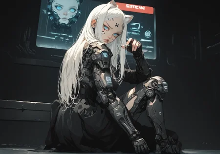 (score_9, score_8_up), score_7_up, zPDXL, 1girl, white hair, long hair, blue eyes,  looking at viewer,  cyberpunk background, film grain, cowboy shot, sinozick style, pretty face, pretty eyes, neat eyes, full body, large breasts, background city,  perfect eyes, catgirl, neon, futuristic, bar, sitting, rain, robotic body, nude, naked, random pose, Marvellous eyes, no tail, neon background <lora:BioPunky:1> <lora:dark_techwear:1> <lora:_sdxl-sf-yor_briar:1> <lora:Sinozick_Style_XL_Pony:1>, rear view
