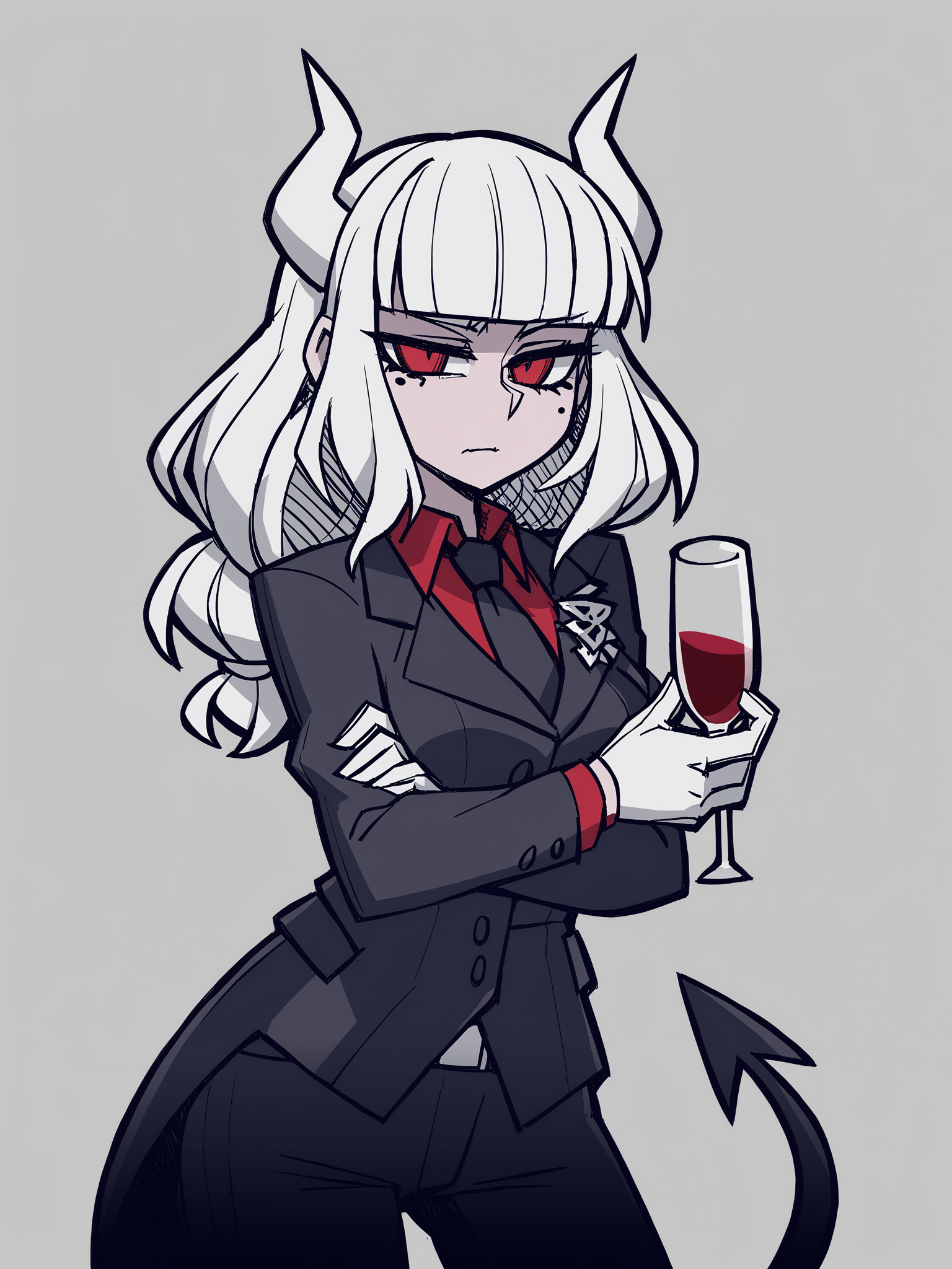 <lora:XL_Helltaker-000008:1>,Helltaker style,lucifer (helltaker),1girl,solo,shirt,horns,red shirt,red eyes,mole under eye,mole,black necktie,long hair,jacket,gloves,drinking glass,necktie,tail,demon tail,black jacket,black pants,cup,transparent background,demon girl,white gloves,bangs,wine glass,holding,formal,collared shirt,white hair,pants,suit,breasts,long sleeves,blunt bangs,closed mouth,demon horns,wine,alcohol,holding cup,cowboy shot,white horns,standing,medium breasts,, masterpiece, best quality,