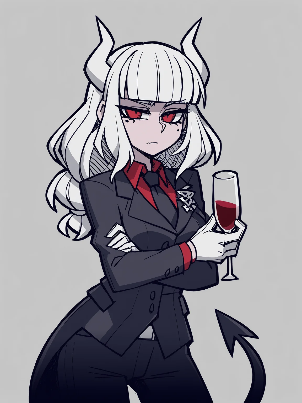 <lora:XL_Helltaker-000008:1>,Helltaker style,lucifer (helltaker),1girl,solo,shirt,horns,red shirt,red eyes,mole under eye,mole,black necktie,long hair,jacket,gloves,drinking glass,necktie,tail,demon tail,black jacket,black pants,cup,transparent background,demon girl,white gloves,bangs,wine glass,holding,formal,collared shirt,white hair,pants,suit,breasts,long sleeves,blunt bangs,closed mouth,demon horns,wine,alcohol,holding cup,cowboy shot,white horns,standing,medium breasts,, masterpiece, best quality,