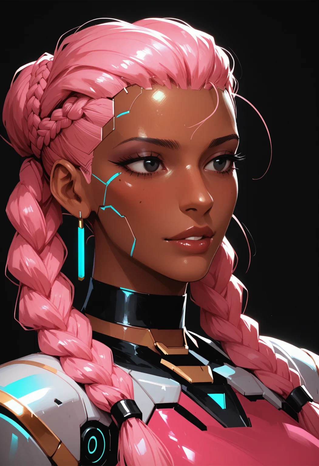 score_9, score_8_up, score_7_up, score_6_up, score_5_up, score_4_up,
<lora:CyberDollsV3.1:1> cyb3rd0lls, android, colorful skin,
, 1girl, long hair, jewelry, pink hair, braid, choker, solo focus, dark skin, black eyes, twin braids, dark-skinned female, black choker, portrait, hair behind ear, very dark skin