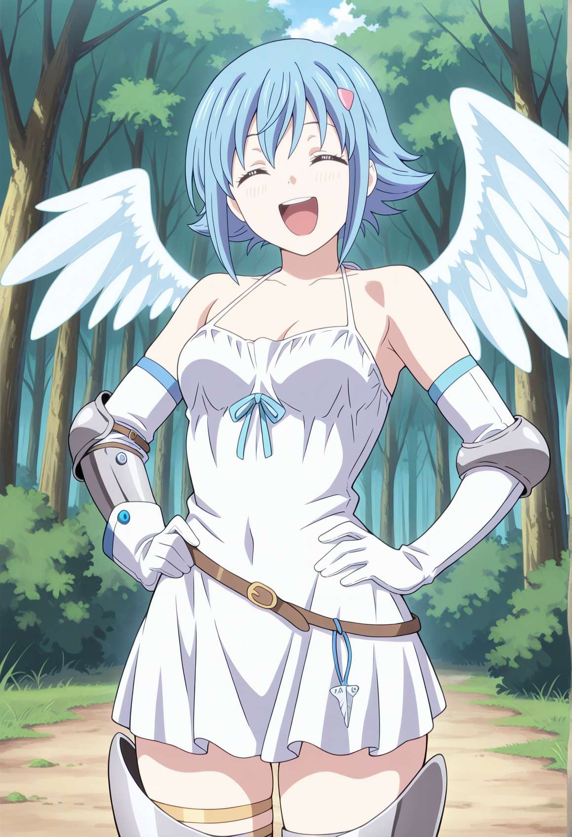 1girl, solo, short hair, blue hair, hairpin, asymmetrical wings, angel wings, white dress, elbow gloves, armor, greaves, cowboy shot, outdoors, forest, hands on own hip, laughing, closed eyes  <lora:nanael_illus:1>, masterpiece, best quality, amazing quality, very aesthetic, absurdres, highres, newest