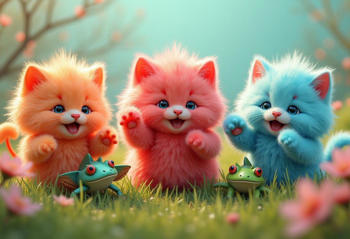 cartoon fluffy coral red blue kittens, green frogs, fluffy mouse, laughing and playing on fluffy green grass, pastel colors, hyper-realistic, hyper-detailed, professional photoshoot, colorful, ultra-sharp, vivid color
