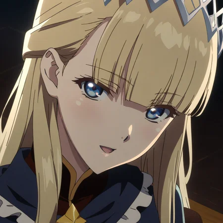 seras_ashrain, 1girl, blue eyes, solo, blonde hair, long hair, open mouth, bangs, blunt bangs, anime coloring, upper body view, seductive smile, portrait, looking at viewer, <lora:XL-SerasAshrain:1>, (masterpiece),(best quality),(ultra-detailed),(best illustration),(best shadow),(absurdres),(detailed background),(very aesthetic),