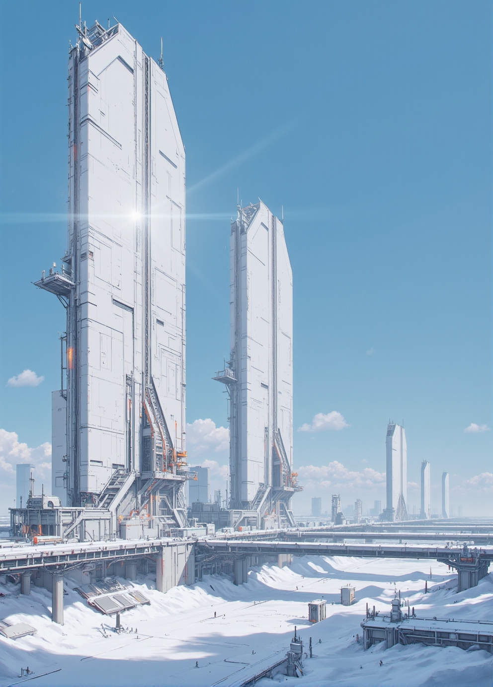 <lora:ck-Sci-Fi-Concepts:0.7>, On a bright, crisp day, Artemis Station gleams in the winter sunlight. The massive white towers reflect the clear blue sky, their smooth surfaces catching rays of sunlight that bounce off the fresh snow covering the ground. The environment feels almost serene, with no wind, just a light dusting of snow gently falling from the sky. The snow at the base of the towers is untouched, forming pristine, sparkling blankets, while the top of each tower shimmers with a slight frost that has settled on the steel. The station's lights are a soft blue, contrasting gently with the whiteness of the structures. In the distance, other white towers fade toward the horizon, creating a sense of endlessness. The camera is positioned at eye level, allowing for a calm, picturesque view of the station. This setting conveys the stillness and purity of winter, with the brilliance of the white towers bathed in natural light.
<lora:ck-nc-luminal-genesis:0.8>
<lora:test2:0.8>
<lora:flux.1_lora_flyway_Epic-detail_v2:0.4>