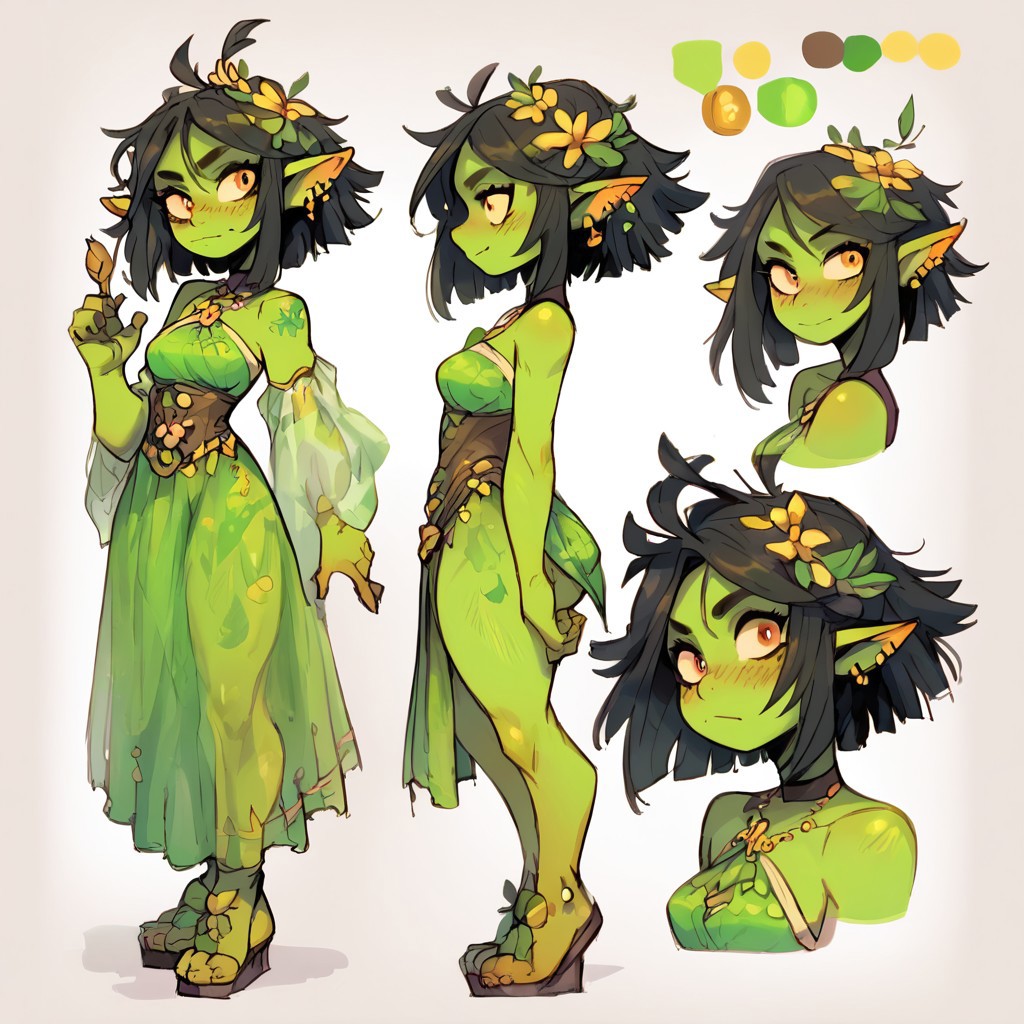 score_9, score_8_up, score_7_up, high quality, 1girl, Goblin, shortstack, dark hair, green skin, colored skin, cute dress, (CharacterSheet:1), reference sheet, (full body, from side, front:1.1), upper body, cartoon, simple white background,