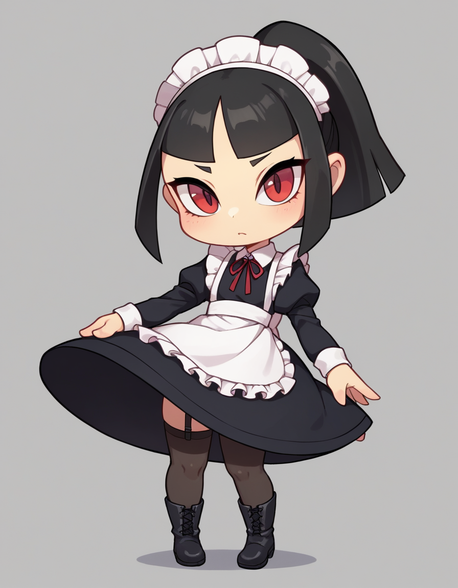 zPDXL, score_9, score_8_up, score_7_up, source_anime, 1girl, solo, 
<lora:Gijinka Mawile v1:0.6> mawile, black hair, blunt bangs, ponytail, red eyes, shortstack, maid wearing a modest and practical green pastel (maid uniform:1.2), blouse and skirt, (stockings:1.1), maid small cap, ankle boots,