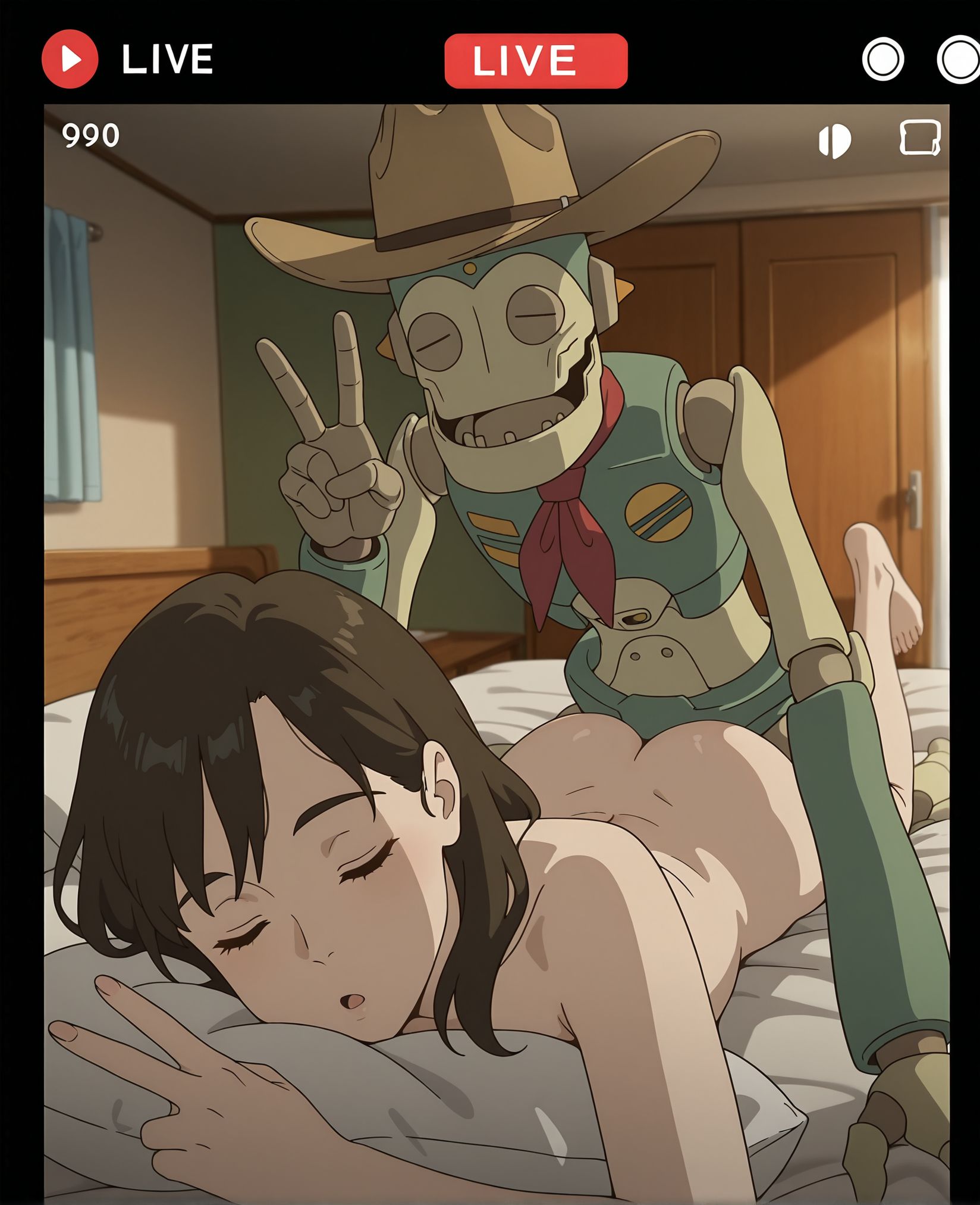 masterpiece,best quality,amazing quality,very aesthetic,absurdres,newest, huge filesize,
<lora:spo_sdxl_10ep_4k-data_lora_webui:0.5>,anime screenshot, 
<lora:add-detail-xl:1>
prone bone, sex from behind, boy on top, on stomach, sex, ass ripple, hetero, lying, nude, vaginal, penis, open mouth, indoors, bed, bed room, 
v v, selfie, livestream, 
<lora:Robot_on_the_Road__mina__robot-000013:0.9>
Robot on the Road,
BREAK
r_mina,
bed,
underwear,
panties,sleeping,
barefoot,pillow,
brown hair,closed eyes,
,indoors,
r_robot,hat,