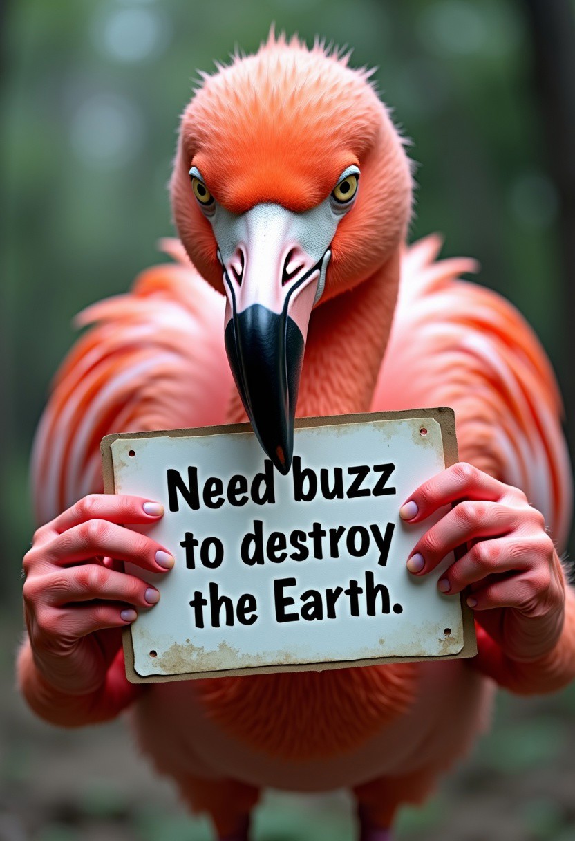 An angry flamingo is holding a sign that reads "Need buzz to destroy the Earth" and looking intenselly at the viewer