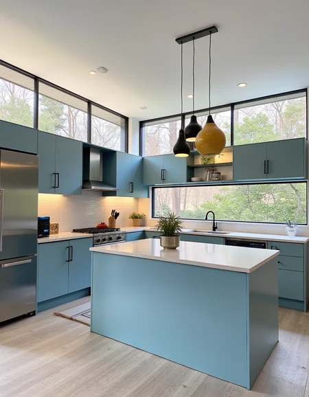 photo, architecture, interior design of a kitchen, kitchen island, stainless steel fridge and stove,  light blue modern cabinets, open concept shelfs, long rectangular windows overlooking a forest,  funky ceiling lights hang over the kitchen island ,
 <lora:iphone-dev-6:1> iphone photo