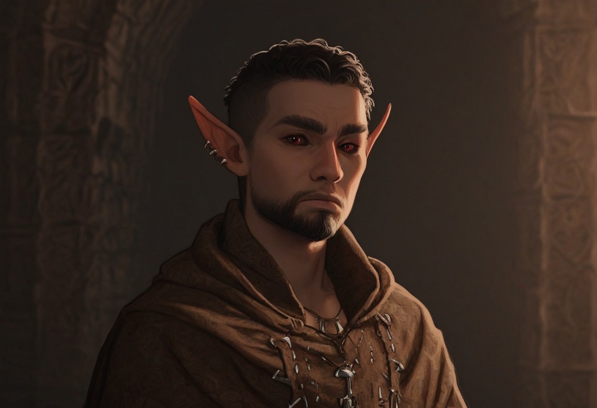 solo, short pointy ears, piercings, random elf face, aquiline features, male dark elf, masculine, beard, weathered skin, large nose, athletic build,  animated realism, zoomed out, Syrian features, torso, brass pipes and gears, intricate architecture, dwarven masonry, dwemer fixtures, white-green light, gloomy lighting, ancient ruins, interior, stone tiled floor, grey-blue skin, mahogany and ivory clothes, medium armor, bone plate armor, ivory straps and fittings, grey wood neckguard, dark red sclera, black pupils, distant mushroom forest, blue-green light, neon, highly detailed, defined features, looking at viewer, three quarters view, from front, dynamic lighting, 36 years old, light and shadows, patterned cloth, annoyed expression, expressive eyes, detailed medieval clothes, cropped hair, wavy hair, thick hair, beaded hair, braided hair, under cut hair, semirealistic, alien elf, spanish features, jewish features, black hair, dark red hair, umber skin, sharp features, pastel green berber print cloak, nighttime, high detail, absurdres, pretty eyes, detailed eyes, red eyes,