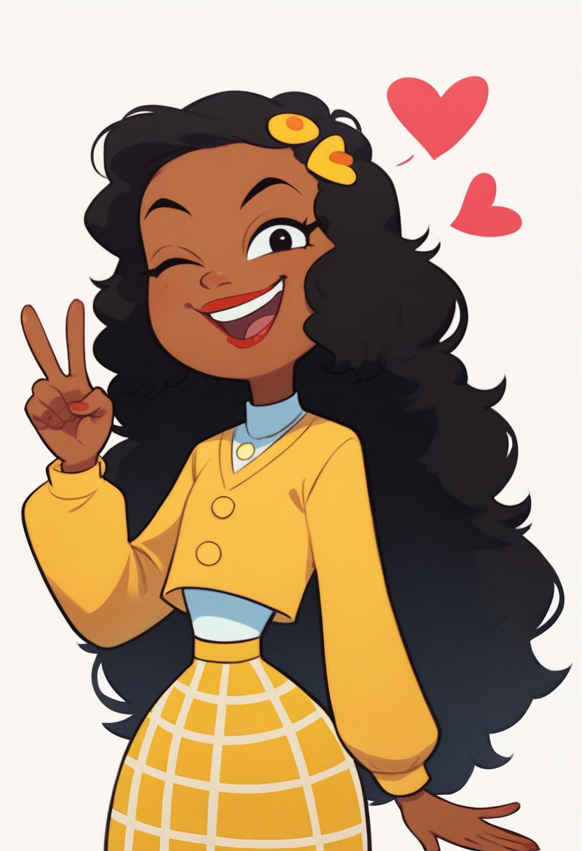 score_9, score_8_up, score_7_up, 1girl, solo, Ashley B RC, cute, smile, smug grin, open mouth, half open eyes, cute squint, black eyes, dark skin, black hair, yellow hair ornament, red lipstick, yellow sweater, white under shirt, plaid yellow skirt, narrow waist, wide hips, flat chest, upper body, standing, looking at viewer, white background, simple background, heart, one hand up, v, hand on hip, wink, flat color, highres, high quality, masterpiece,