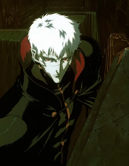 best quality, highres, absurdres, (traditional media, refined digital media \(artwork\):0.6),  masterpiece, anime screenshot, 1990s (style),
(artist: sabu \(sabudenego\):0.6),universal portrait, angle, dynamic, perspective, solo,
meier link \(vampire hunter d\), 1boy, red eyes, white hair, pale skin, vampire, scar, jewelry,  earrings, facial mark, short hair, dark theme, cinematic lighting, 
coffin, interior,
<lora:Vampire Hunter D Illustrious-step00000700:0.9>