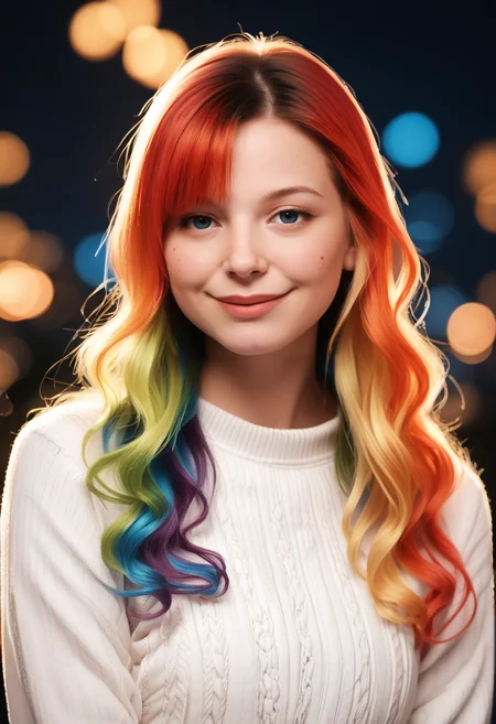 zPDXL3 zPDXLpg zPDXLrl beautiful girl with vivid (rainbow dye, colored hair:1.3), smile, long hair, very long hair, (wavy hair:0.9), bangs, at a carnival at night, wearing a white sweater, realistic photograph, professional photographer, depth of field, bokeh